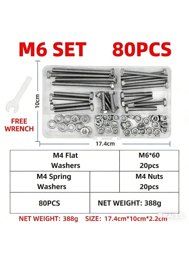 FengSVMA 80pcs M6 Stainless Steel Hex Head Screws Bolts and Nuts Flat & Lock Washers Assortment Kit, 304 Stainless Steel 18-8,Fully Machine Thread 25mm 40mm 50mm 60mm 80mm - Image 4
